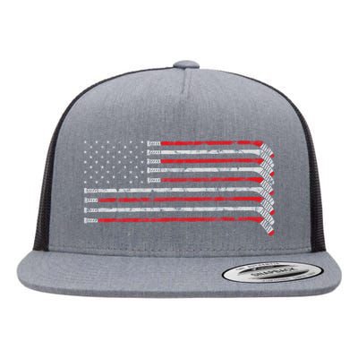 Hockey Stick Usa Flag Faded Hockey Player Flat Bill Trucker Hat