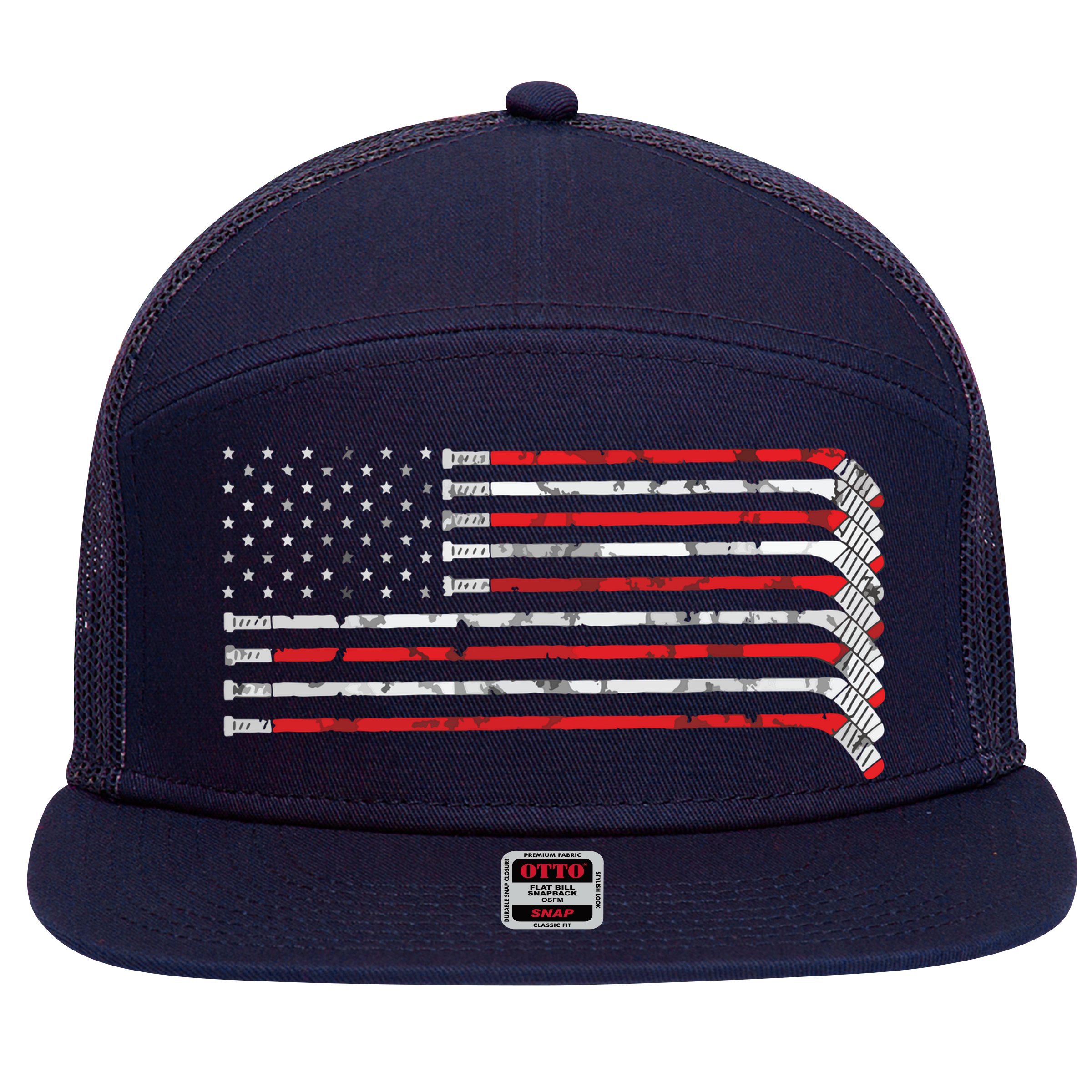 Hockey Stick USA Flag Faded Hockey Player 7 Panel Mesh Trucker Snapback Hat