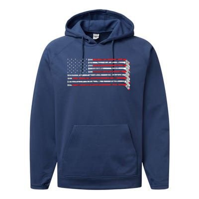 Hockey Stick USA Flag Faded Hockey Player Performance Fleece Hoodie