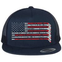 Hockey Stick USA Flag Faded Hockey Player Flat Bill Trucker Hat
