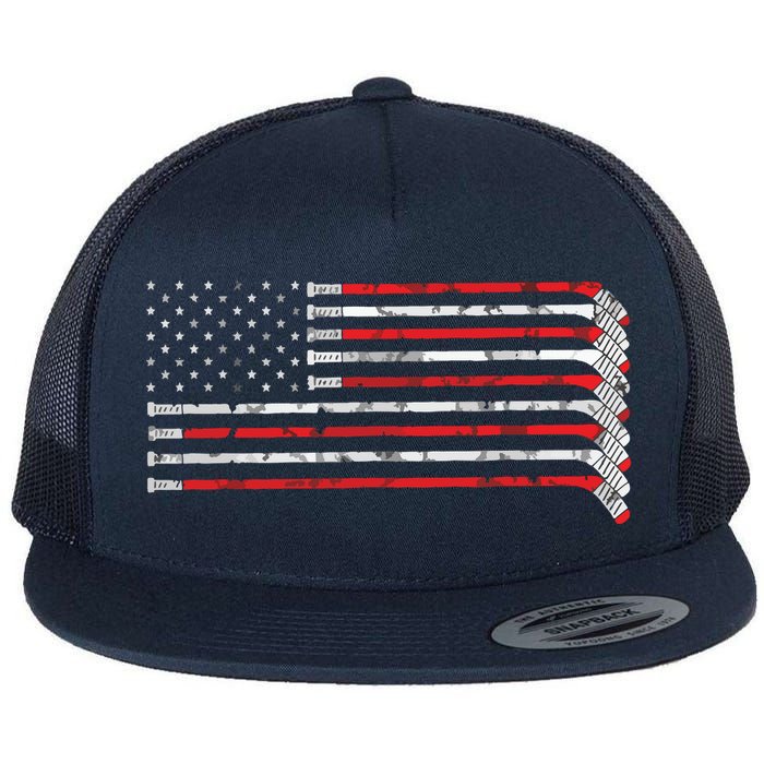 Hockey Stick USA Flag Faded Hockey Player Flat Bill Trucker Hat