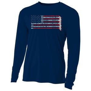 Hockey Stick USA Flag Faded Hockey Player Cooling Performance Long Sleeve Crew