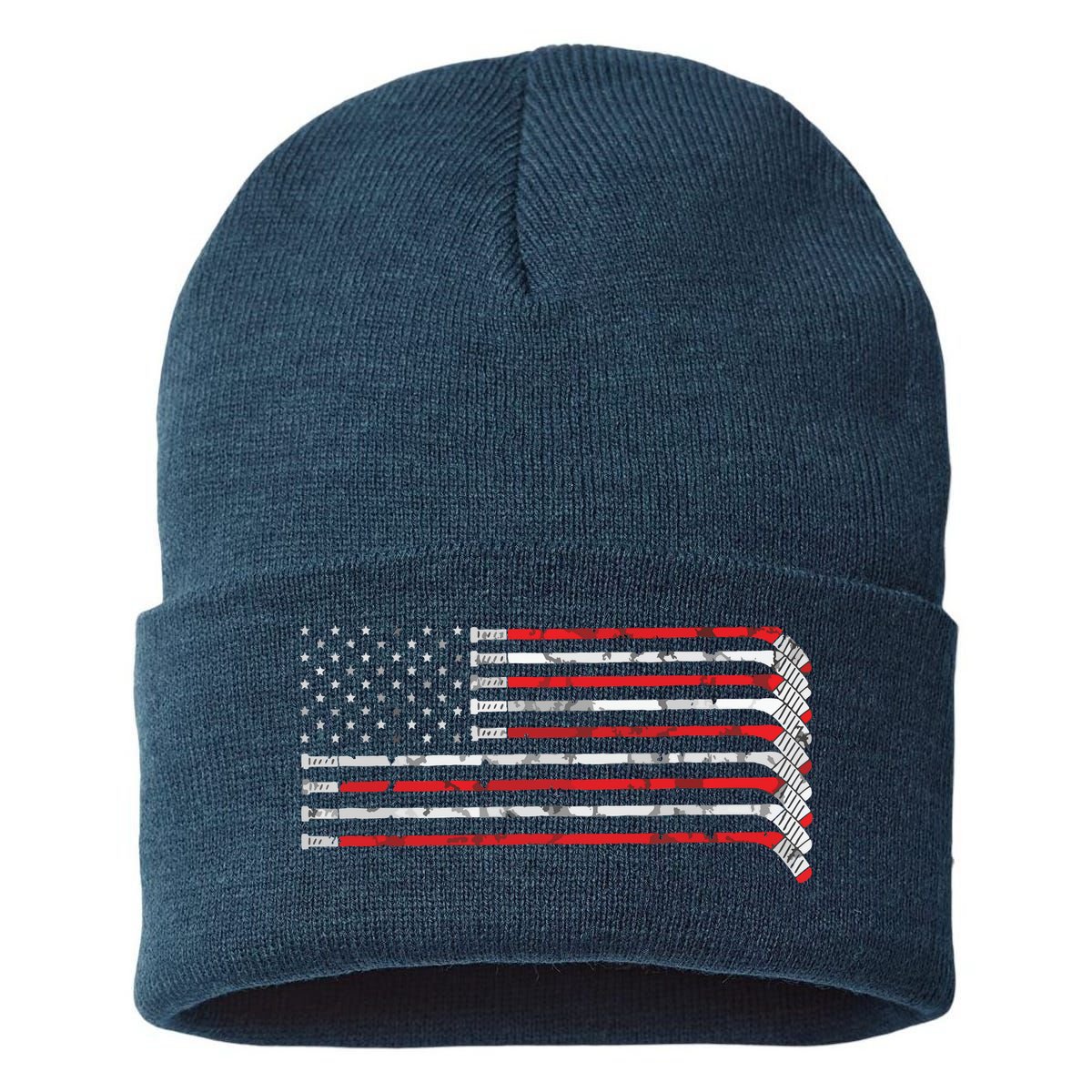 Hockey Stick USA Flag Faded Hockey Player Sustainable Knit Beanie