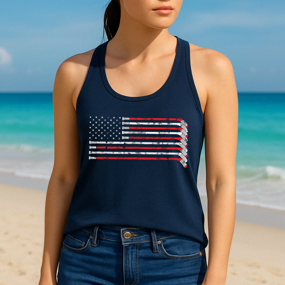Hockey Stick USA Flag Faded Hockey Player Womens Tank Top