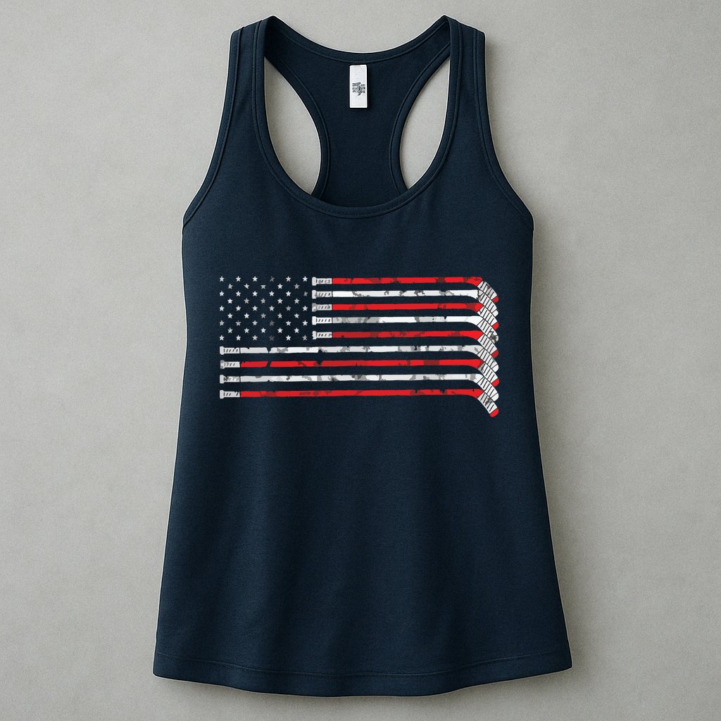 Hockey Stick USA Flag Faded Hockey Player Womens Tank Top