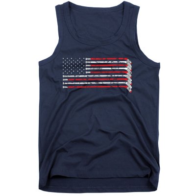 Hockey Stick USA Flag Faded Hockey Player Tank Top