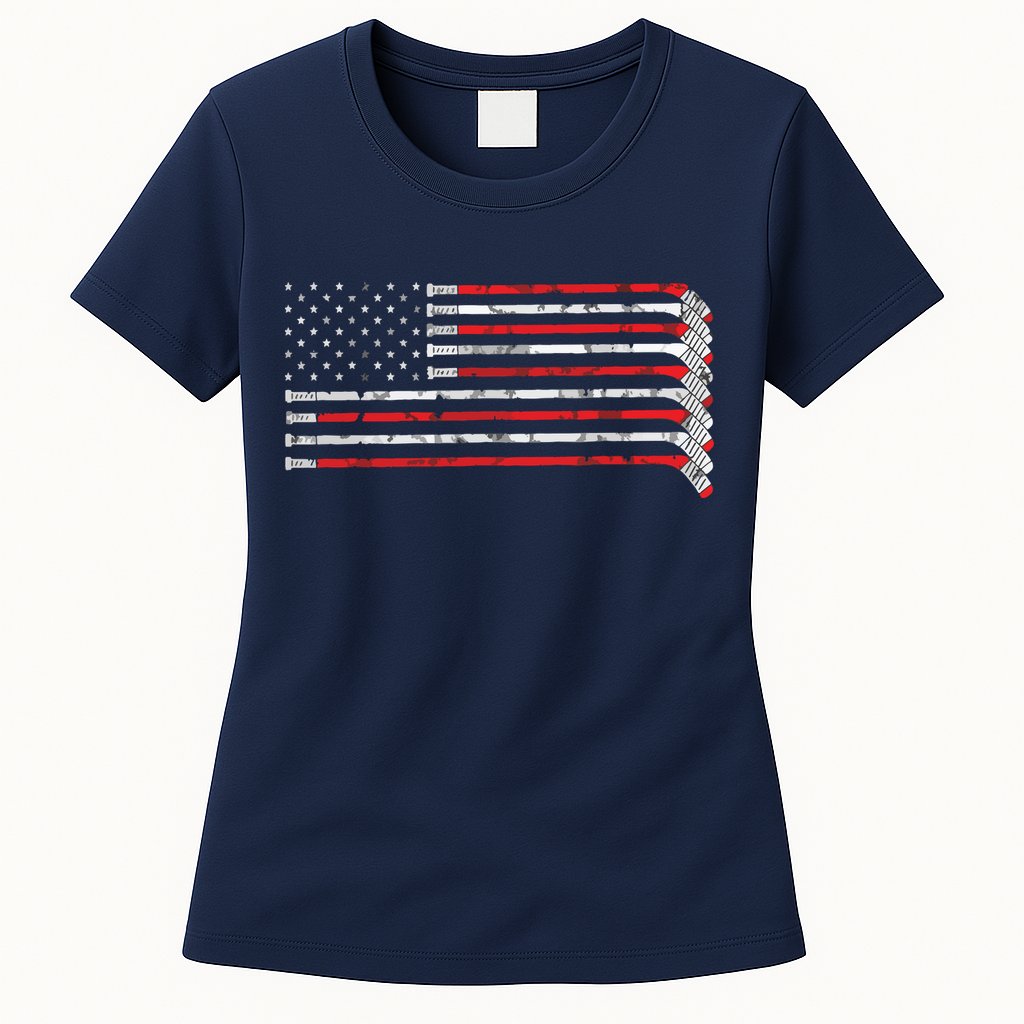 Hockey Stick USA Flag Faded Hockey Player Womens T-Shirt