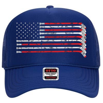 Hockey Stick USA Flag Faded Hockey Player High Crown Mesh Back Trucker Hat