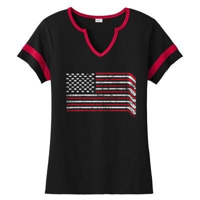 Hockey Sticks Us Flag Patriotic Hockey Player Ice Hockey Cool Gift Ladies Halftime Notch Neck Tee