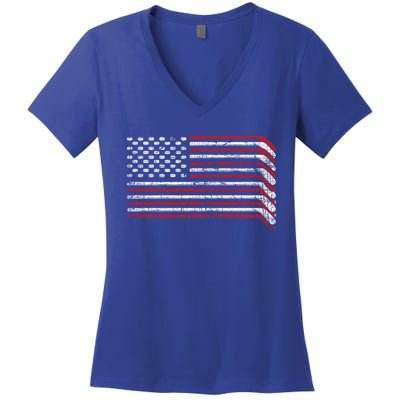 Hockey Sticks Us Flag Patriotic Hockey Player Ice Hockey Cool Gift Women's V-Neck T-Shirt