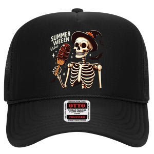 Happy Summerween Vibes Skeleton Ice Cream Summer Halloween High Crown Mesh Back Trucker Hat