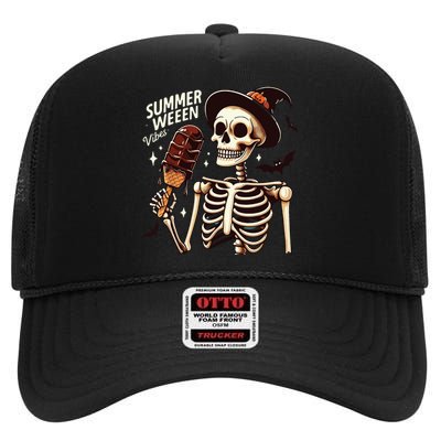 Happy Summerween Vibes Skeleton Ice Cream Summer Halloween High Crown Mesh Back Trucker Hat