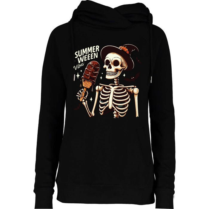 Happy Summerween Vibes Skeleton Ice Cream Summer Halloween Womens Funnel Neck Pullover Hood