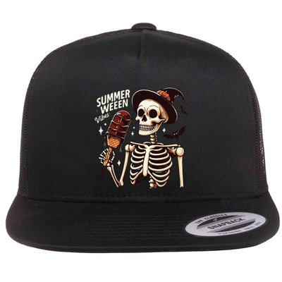 Happy Summerween Vibes Skeleton Ice Cream Summer Halloween Flat Bill Trucker Hat