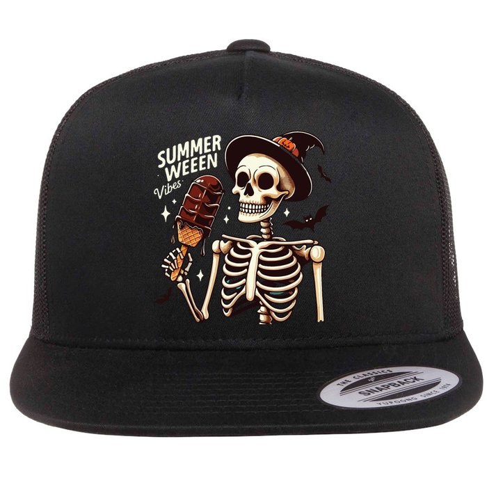 Happy Summerween Vibes Skeleton Ice Cream Summer Halloween Flat Bill Trucker Hat