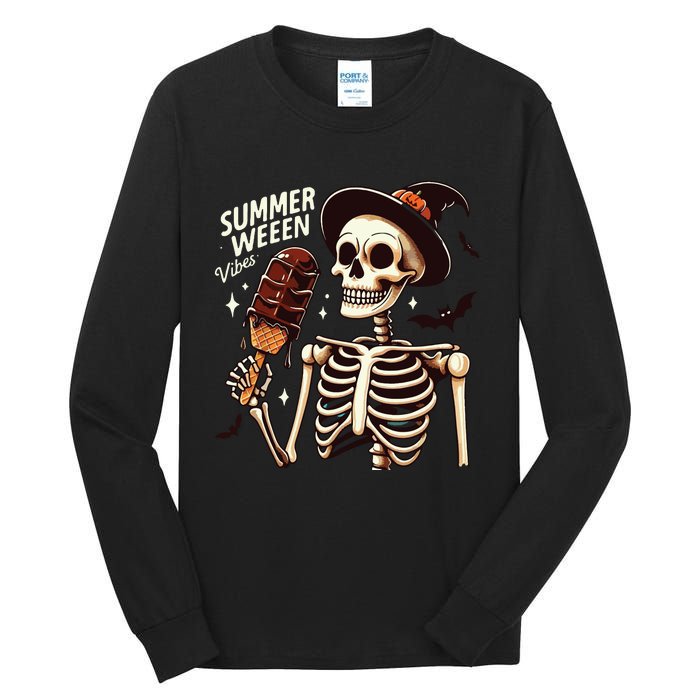 Happy Summerween Vibes Skeleton Ice Cream Summer Halloween Tall Long Sleeve T-Shirt