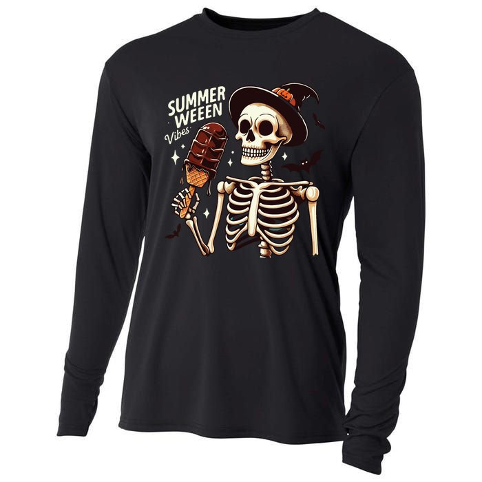 Happy Summerween Vibes Skeleton Ice Cream Summer Halloween Cooling Performance Long Sleeve Crew