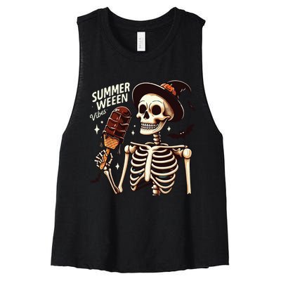 Happy Summerween Vibes Skeleton Ice Cream Summer Halloween Women's Racerback Cropped Tank