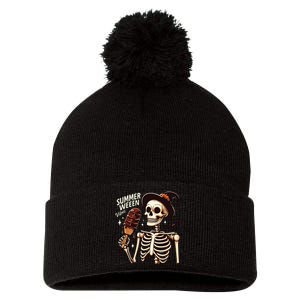 Happy Summerween Vibes Skeleton Ice Cream Summer Halloween Pom Pom 12in Knit Beanie