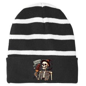 Happy Summerween Vibes Skeleton Ice Cream Summer Halloween Striped Beanie with Solid Band