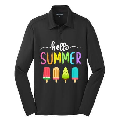 Hello Summer Vacation Ice Cream Popsicle Ice Lolly School Silk Touch Performance Long Sleeve Polo