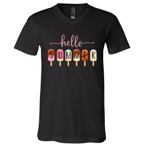 Hello Summer Vacation Ice Cream Popsicle Ice Lolly V-Neck T-Shirt