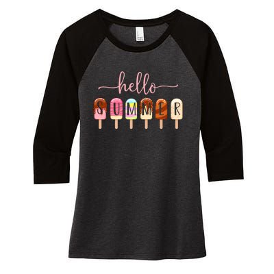 Hello Summer Vacation Ice Cream Popsicle Ice Lolly Women's Tri-Blend 3/4-Sleeve Raglan Shirt