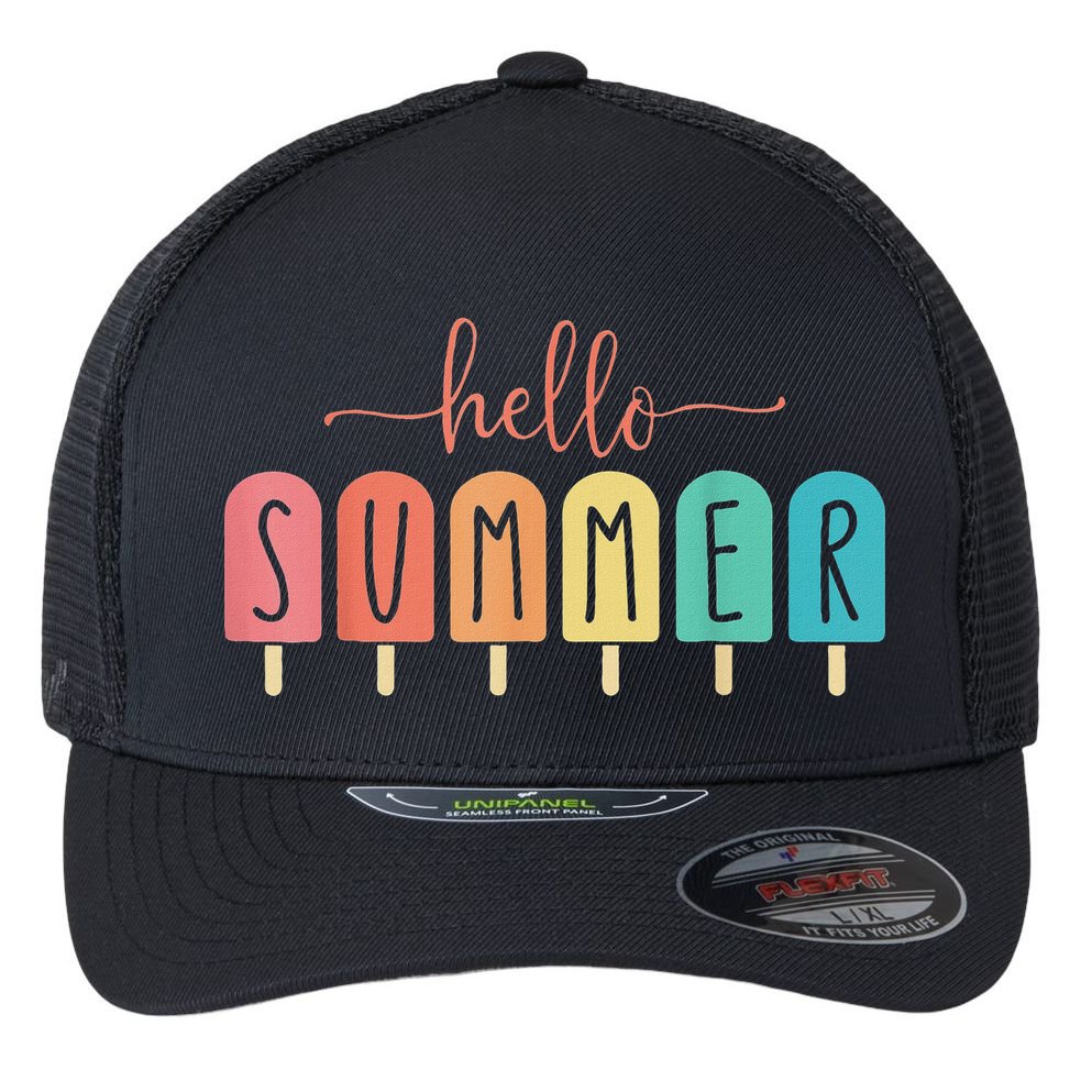 Hello Summer Vacation Ice Cream Popsicle Ice Lolly Flexfit Unipanel Trucker Cap