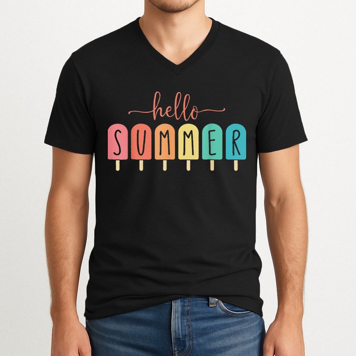 Hello Summer Vacation Ice Cream Popsicle Ice Lolly V-Neck T-Shirt