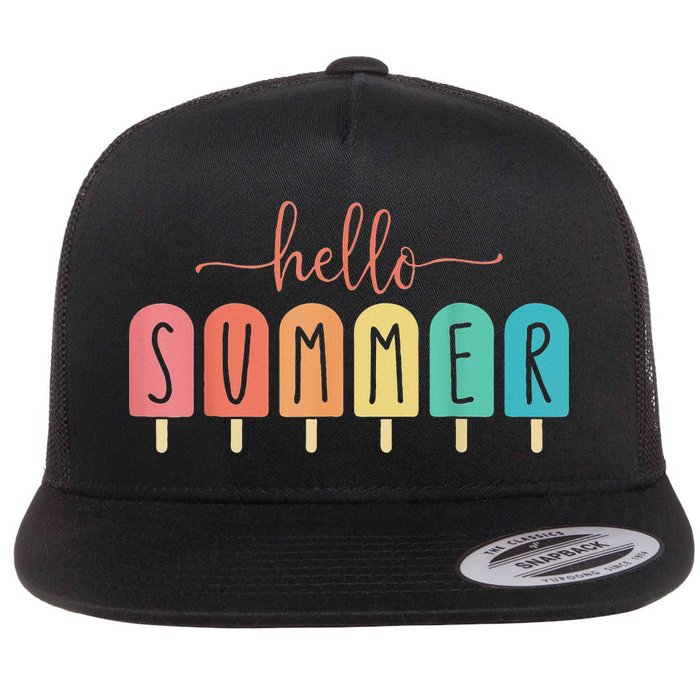 Hello Summer Vacation Ice Cream Popsicle Ice Lolly Flat Bill Trucker Hat