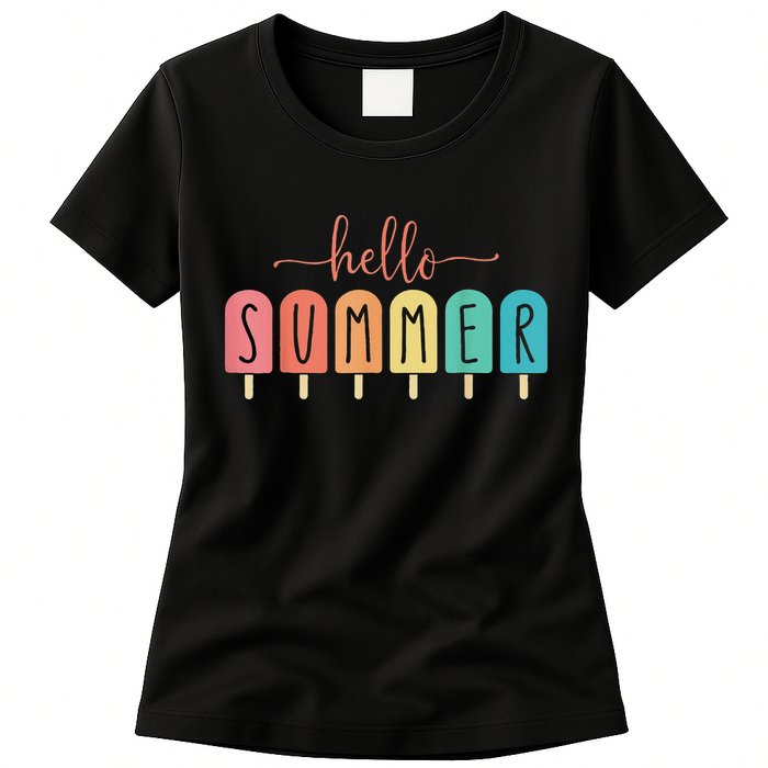 Hello Summer Vacation Ice Cream Popsicle Ice Lolly Womens T-Shirt
