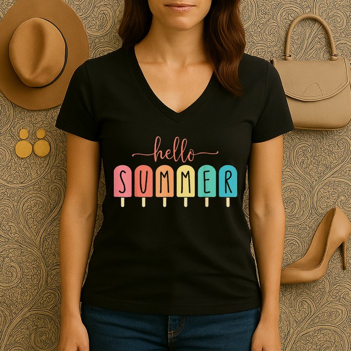 Hello Summer Vacation Ice Cream Popsicle Ice Lolly Women's V-Neck T-Shirt