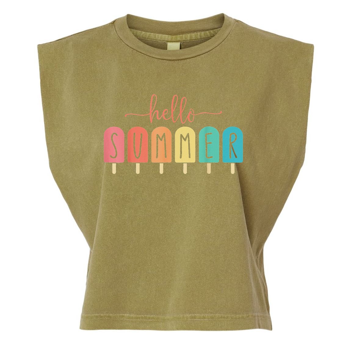 Hello Summer Vacation Ice Cream Popsicle Ice Lolly Garment-Dyed Women's Muscle Tee
