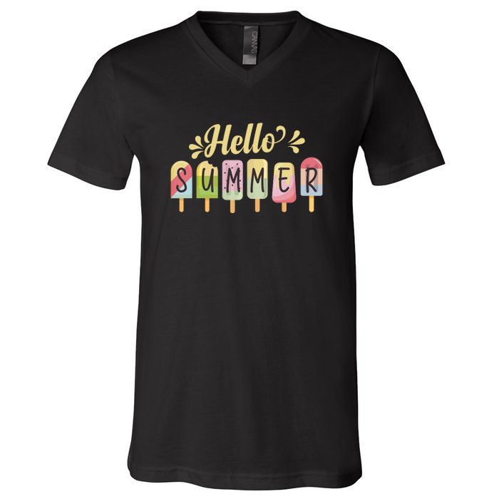 Hello Summer Vacation Ice Cream Popsicle Pastel V-Neck T-Shirt