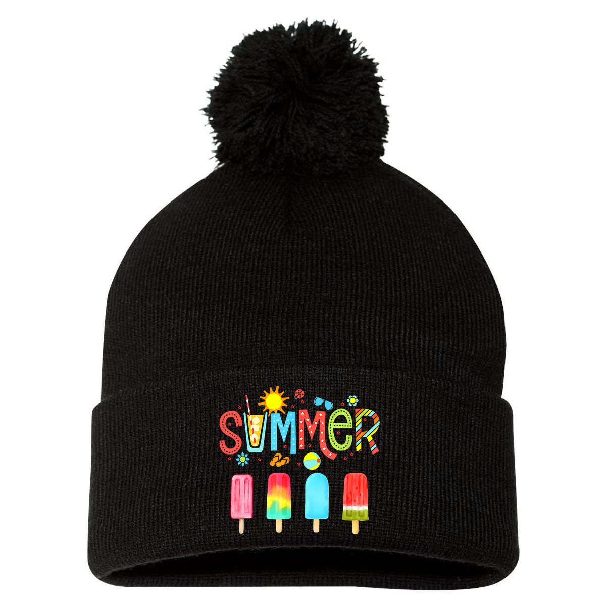 Hello Summer Vacation Ice Cream Popsicle Ice Lolly Gifts Pom Pom 12in Knit Beanie