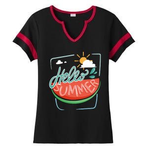 Hello Summer Watermelon Sunshine Ladies Halftime Notch Neck Tee