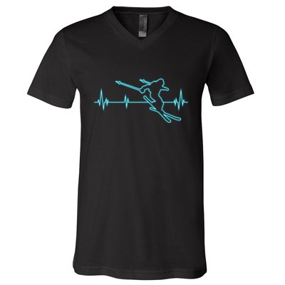 Heartbeat Skiing Winter Ski Is Funny And Cool Gift For Skier V-Neck T-Shirt