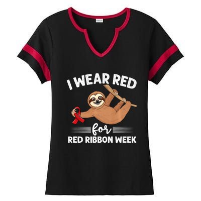 Hanging Sloth We Wear Red For Red Ribbon Week Awareness Ladies Halftime Notch Neck Tee