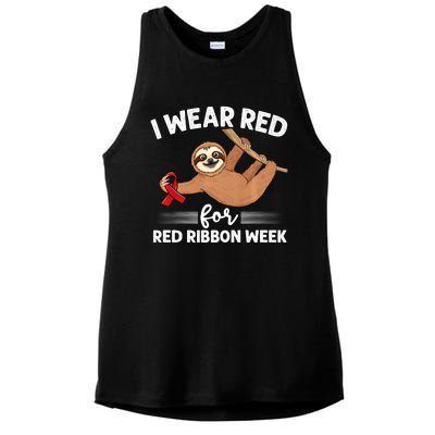 Hanging Sloth We Wear Red For Red Ribbon Week Awareness Ladies PosiCharge Tri-Blend Wicking Tank