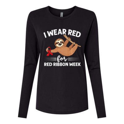 Hanging Sloth We Wear Red For Red Ribbon Week Awareness Womens Cotton Relaxed Long Sleeve T-Shirt