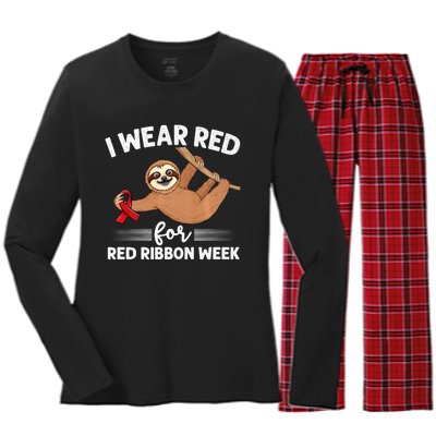 Hanging Sloth We Wear Red For Red Ribbon Week Awareness Women's Long Sleeve Flannel Pajama Set 