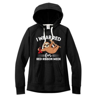 Hanging Sloth We Wear Red For Red Ribbon Week Awareness Women's Fleece Hoodie