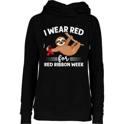 Hanging Sloth We Wear Red For Red Ribbon Week Awareness Womens Funnel Neck Pullover Hood