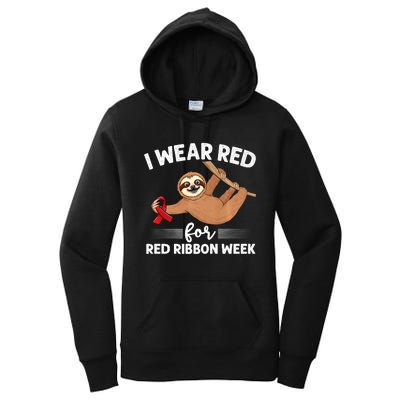 Hanging Sloth We Wear Red For Red Ribbon Week Awareness Women's Pullover Hoodie