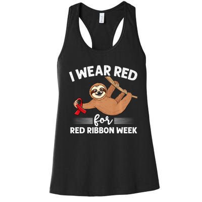 Hanging Sloth We Wear Red For Red Ribbon Week Awareness Women's Racerback Tank