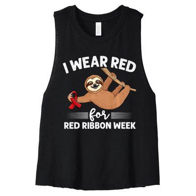 Hanging Sloth We Wear Red For Red Ribbon Week Awareness Women's Racerback Cropped Tank