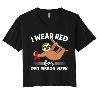 Hanging Sloth We Wear Red For Red Ribbon Week Awareness Women's Crop Top Tee