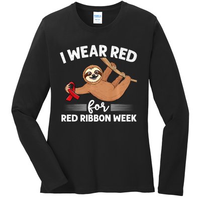 Hanging Sloth We Wear Red For Red Ribbon Week Awareness Ladies Long Sleeve Shirt