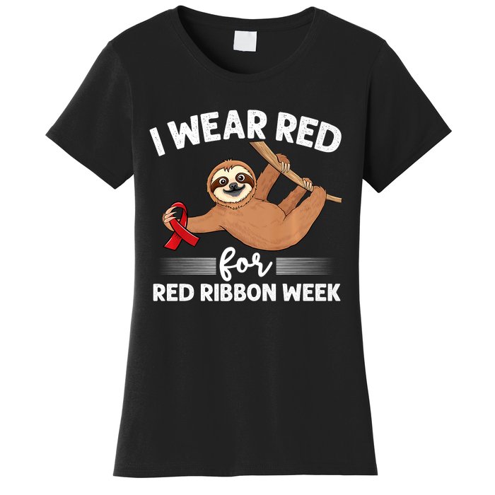 Hanging Sloth We Wear Red For Red Ribbon Week Awareness Women's T-Shirt