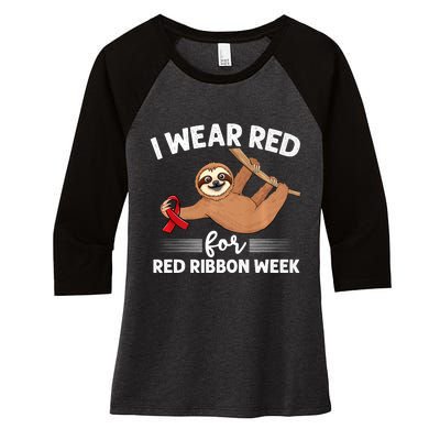 Hanging Sloth We Wear Red For Red Ribbon Week Awareness Women's Tri-Blend 3/4-Sleeve Raglan Shirt